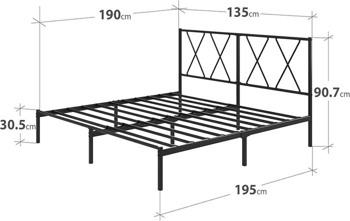 Modern Double Metal Bed Frame with Headboard (135 x 190 cm) Steel Slat Support, Easy Assembly Black