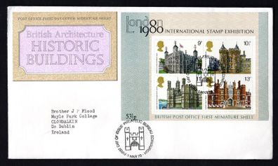 1978 Great Britain London 1980 International Stamp Exhibition Miniature Sheet on British Architecture: Historic Buildings  Commemorative Stamps Addressed First Day Cover (FDC).