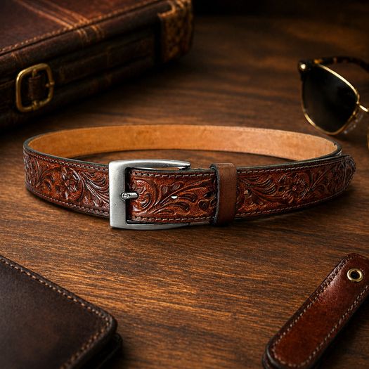 Premium Genuine Leather Belt Dual Tone Vintage Embossed Design with Antique Metal Buckle