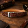 Premium Genuine Leather Belt Dual Tone Vintage Embossed Design with Antique Metal Buckle Image 6