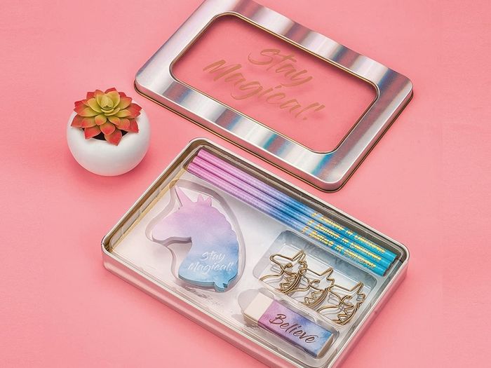Stay Magical Unicorn Stationery Set in a Colourful Tin
