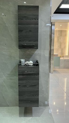 Ex Display Danish made Dansani Mido Pine Grey Wall Cabinet, wall Hung base unit , wooden tray & Laundry bag