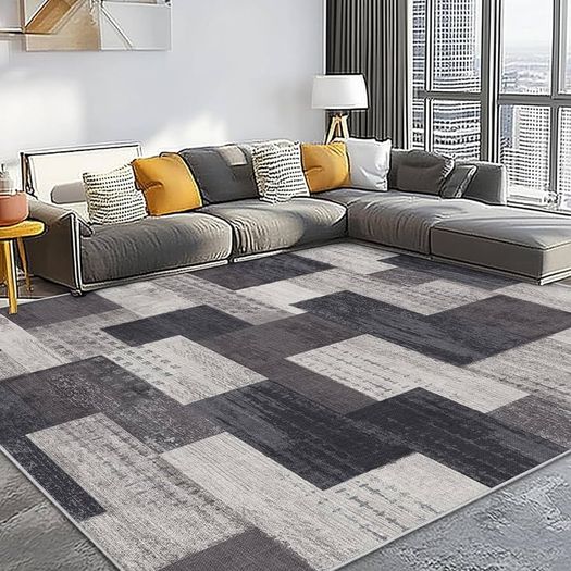 Modern Geometric Patchwork Indoor Area Rug for Living Room, Charcoal 80x150 cm Large Bedroom Rug Rockwood Collection Hardwood Floors Decor, Grey Carpet for Office Entryway Dining Room