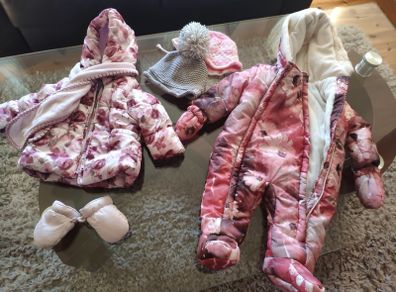 Baby girl winter pram snowsuit one piece all in one jacket scarf gloves free hats Next