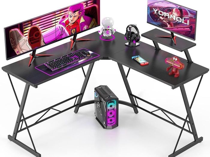 NEW SALE | Computer Desk with Monitor Stand 130cm L-Shaped Corner Gaming Desk Office Writing Desk & Workstation for Home Office Bedroom Space-Saving Easy to Assemble Black