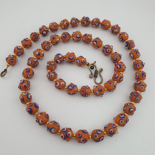 Antique Venetian Style Skunk Eyes Orange Glass Beads Necklace