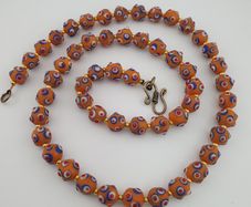 Antique Venetian Style Skunk Eyes Orange Glass Beads Necklace