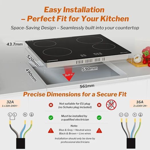4 Burner Electric Ceramic Hob, 6000W Built-in Electric Hob, 9 Power Levels, Timer, Child Lock, Pause Function, Residual Heat Indicator, Hardwired