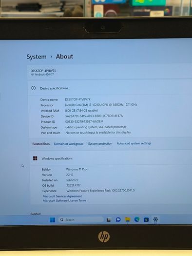 HP ProBook 450 G7 Laptop, 15.6" Core i5 10th Gen, 8GB RAM, 500GB SSD, Windows 11 Pro Fingerprint (Sale Price)