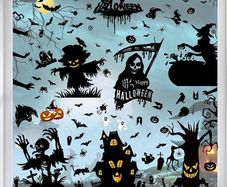 Halloween Window Stickers Reusable Black Halloween Window Clings Scary Decorations Bat Witch Spiders Pumpkin Window Decals Display for Home Party