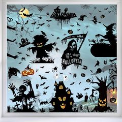 Halloween Window Stickers Reusable Black Halloween Window Clings Scary Decorations Bat Witch Spiders Pumpkin Window Decals Display for Home Party