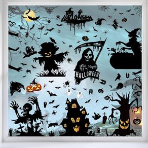 Halloween Window Stickers Reusable Black Halloween Window Clings Scary Decorations Bat Witch Spiders Pumpkin Window Decals Display for Home Party