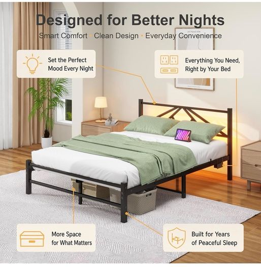 Double Bed Frame with Charging Station,LED Headboard,Black Modern Geometric Headboard Metal Platform Bed Frame for bedroom,Under Bed Storage Space,No Box Spring Needed,Easy Assembly