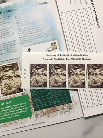 Michael Collins 2022 Centenary Stamp, Strip of 4 with sheet header and An Post Collector Booklet 2022