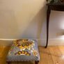 Decorative Grey upholstered footstool mustard embroidery wooden legs Image 4