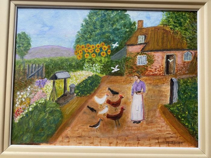 Original Naive Folk Art Painting Cottage Countryside Scene with Chickens by M. Regan