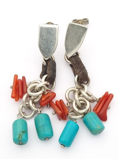 Vintage 925 Sterling Silver Turquoise & Carnelian Stud Earrings