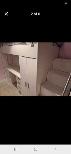 White high sleeper bed with desk, wardrobe and storage steps
