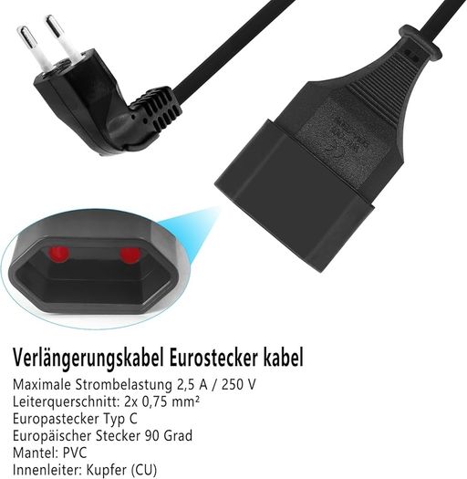 Extension Cable 90 Degree Euro Plug Short, Extension Cable Type C Plug Euro Plug on Type C Euro, 2.5A 250V for TV, Computer, Monitor, Projector, Household Appliances 3M