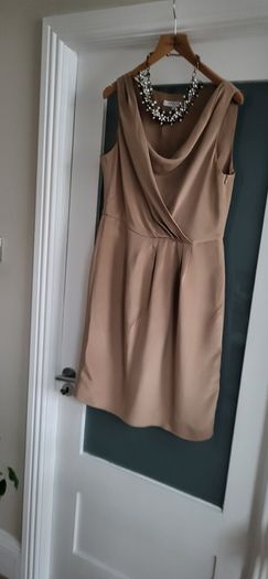 LK BENNETT 100% Silk Tan Cowl neck dress Sz 14 UK (Fit 14-16UK) - Rrp 225 (New)
