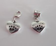 "Best Friends" Paw Print Heart Charm - Pandora Style / Lobster Clasp