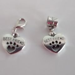 "Best Friends" Paw Print Heart Charm - Pandora Style / Lobster Clasp