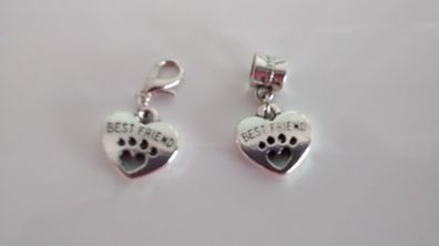 "Best Friends" Paw Print Heart Charm - Pandora Style / Lobster Clasp
