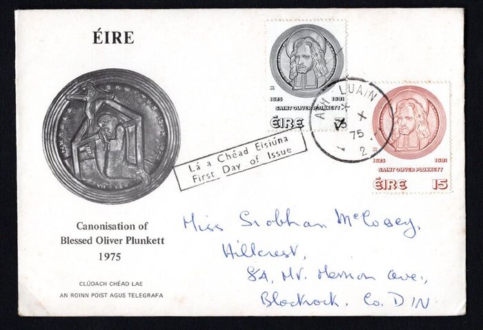 1975 Ireland Canonisation of Blessed Oliver Plunkett Commemorative Stamps Post and Telegraph First Day Cover (FDC) with Athlone cancel