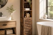 Tall Bathroom Storage Cabinet with Door and Shelves Rustic Brown Slim Floor Standing Storage Unit