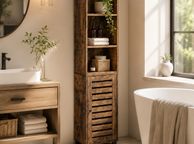 main image for ad Tall Bathroom Storage Cabinet with Door and Shelves Rustic Brown Slim Floor Standing Storage Unit