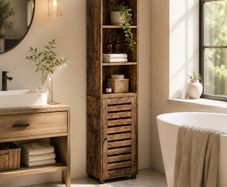 Tall Bathroom Storage Cabinet with Door and Shelves Rustic Brown Slim Floor Standing Storage Unit