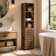 Tall Bathroom Storage Cabinet with Door and Shelves Rustic Brown Slim Floor Standing Storage Unit