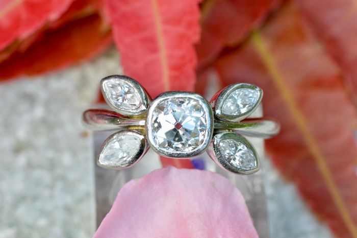 Antique Diamond Cluster Solitaire Ring - Platinum