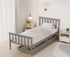 Wooden Single Bed Frame with Storage Drawers, Sturdy Bed Base for Kids Adults, With Footboard, Wood Bed Frame Without Mattress Grey