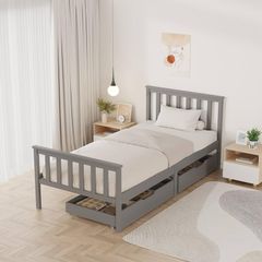 Wooden Single Bed Frame with Storage Drawers, Sturdy Bed Base for Kids Adults, With Footboard, Wood Bed Frame Without Mattress Grey