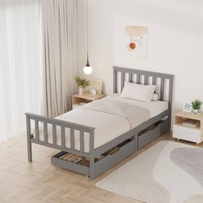 Wooden Single Bed Frame with Storage Drawers, Sturdy Bed Base for Kids Adults, With Footboard, Wood Bed Frame Without Mattress Grey