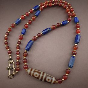 Antique 4 Eyes Himalayan Tibetan Agate With African Carnelian & Lapis Necklace