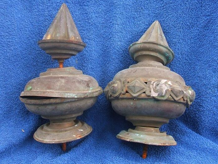 Two antique copper metal finials
