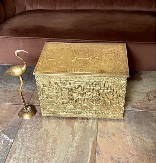 Ornate Brass Fireside Coal Box Embossed Tavern Scene