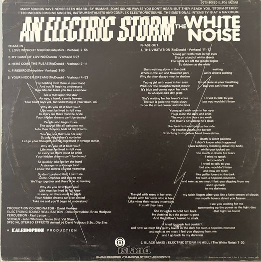 The Electric Storm. Very rare and likely Irish pressing of pioneering electronic release. Not mint because of small mark on side one that causes 15 seconds of a soft click but rest of album is close to mint and plays brilliantly.