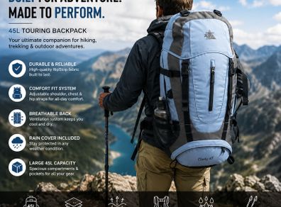45L Touring Backpack Hiking Backpack Daypack with Rain Cover & Hydration System