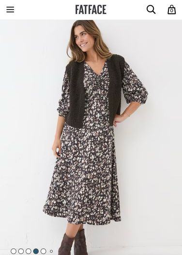 dress FatFace midi v neck 3-4 sleeves  size 16 brown floral pattern black beige BNWT