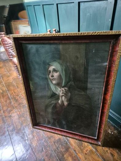 Vintage 1934 large print Mater Dolorosa glass wood framed
