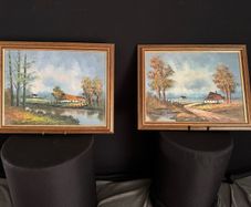Pair of Vintage Framed Cottage Landscape Oil Paintings (47cm x 37cm)
