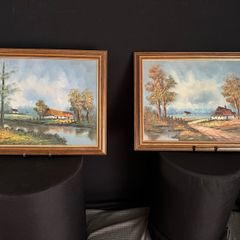 Pair of Vintage Framed Cottage Landscape Oil Paintings (47cm x 37cm)