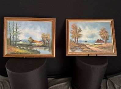 Pair of Vintage Framed Cottage Landscape Oil Paintings (47cm x 37cm)