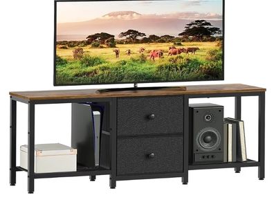 TV Stand Cabinet for TVs up to 55 Media Console with Shelves and 2 Drawers, Metal Frame, for Living Room, Bedroom, 120 x 30 x 50 cm, Rustic Brown and Black
