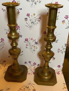 2 antique brass candlestick holders. 11.5 inch height or 29cm