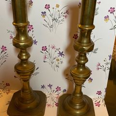 2 antique brass candlestick holders. 11.5 inch height or 29cm