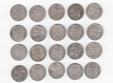 G.B. 20 x 3d, 20 X  921/2% Silver Coins ( no.447)
